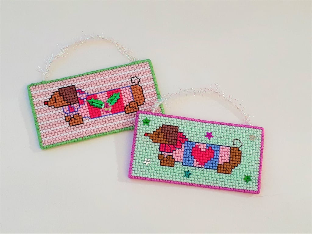 Christmas Daschund Cross Stitch Decorations Set of 2