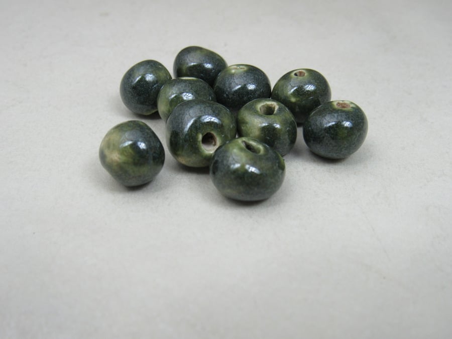 10 Small Forest Green Glazed Clay Beads