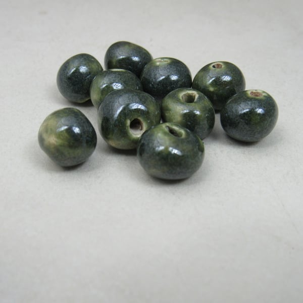10 Small Forest Green Glazed Clay Beads