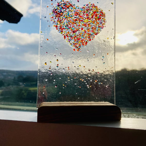 Jewelled Love heart fused glass Art Picture With Oak Stand