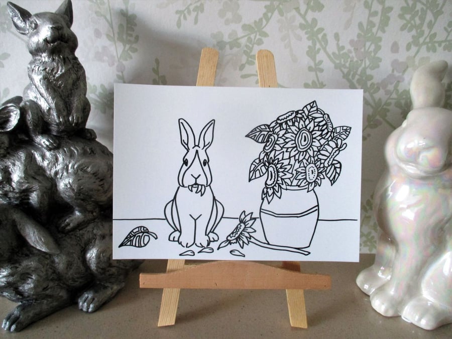 A5 Print Bunny Rabbit Van Gogh Sunflower Cartoon Bunnies Monochrome Picture Art