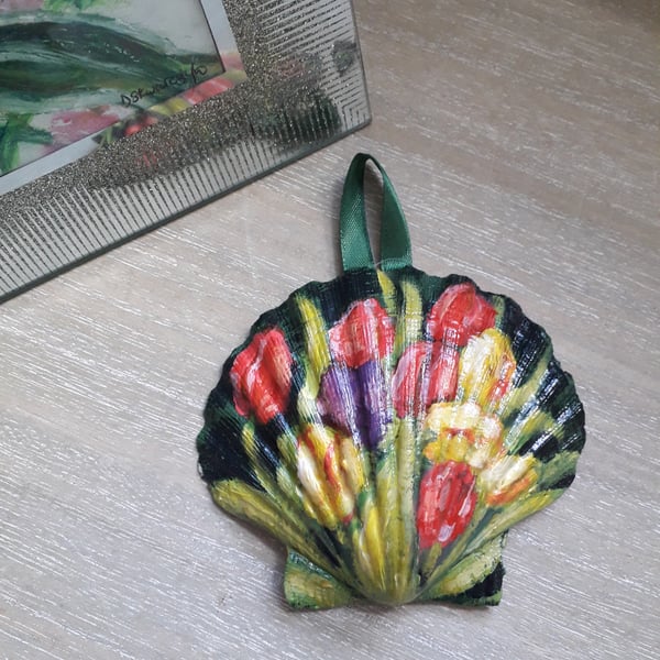 Tulips handpainted king scallop shell wall art