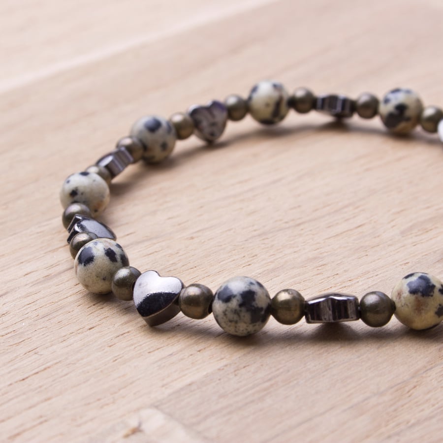 Dalmatian Jasper gemstone and heart beaded bracelet