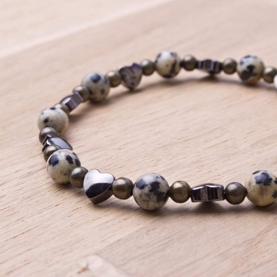 Dalmatian Jasper gemstone and heart beaded bracelet