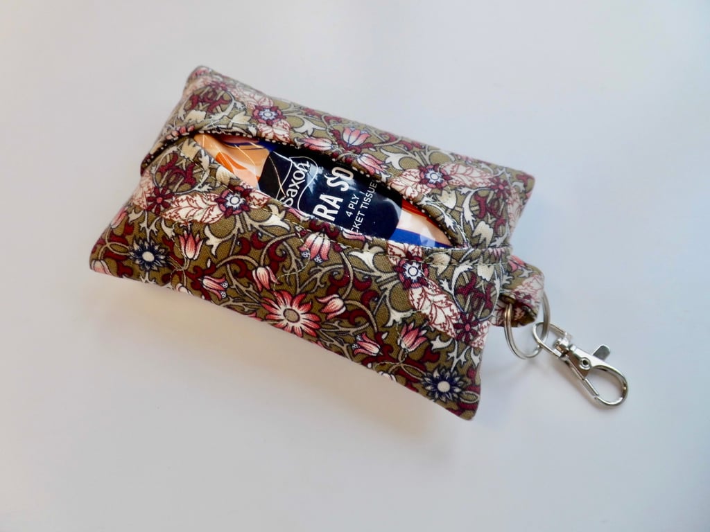 Key ring tissue holder for tissues or hankie William Morris pink and brown 