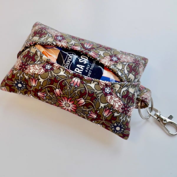 Key ring tissue holder for tissues or hankie William Morris pink and brown 