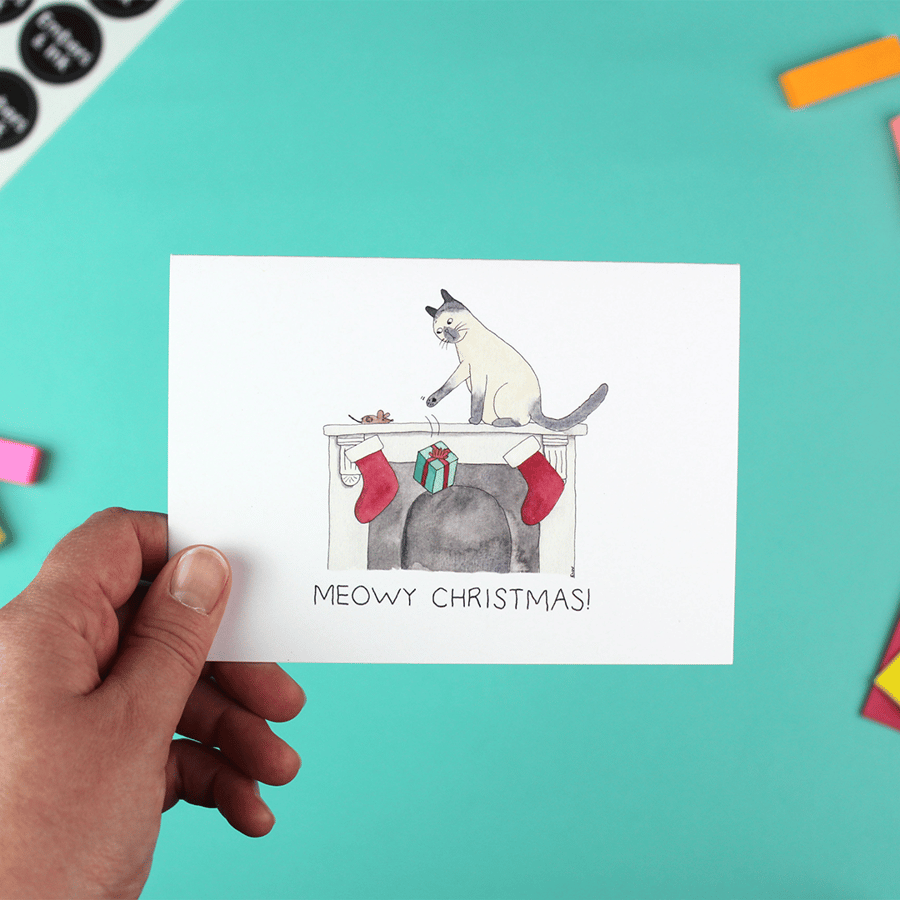 Meowy Christmas Card - 'Fireplace' single with envelope