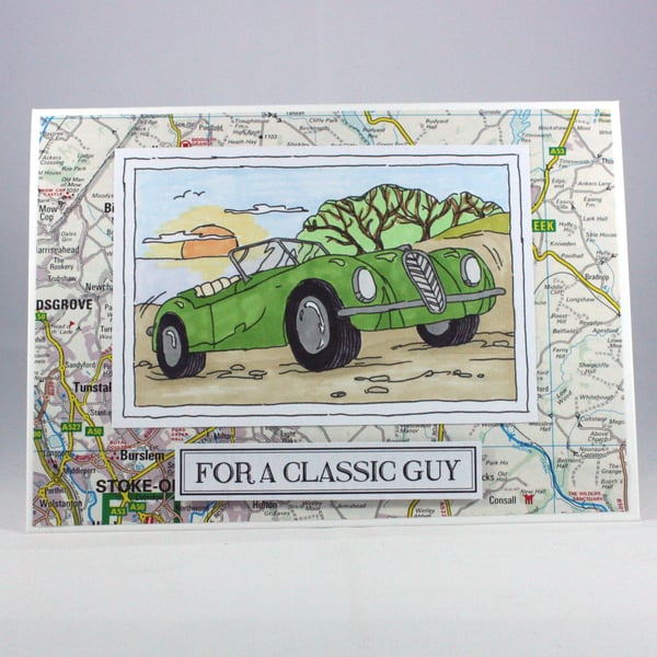 Handmade Father's Day card - classic car on map background - can be personalised