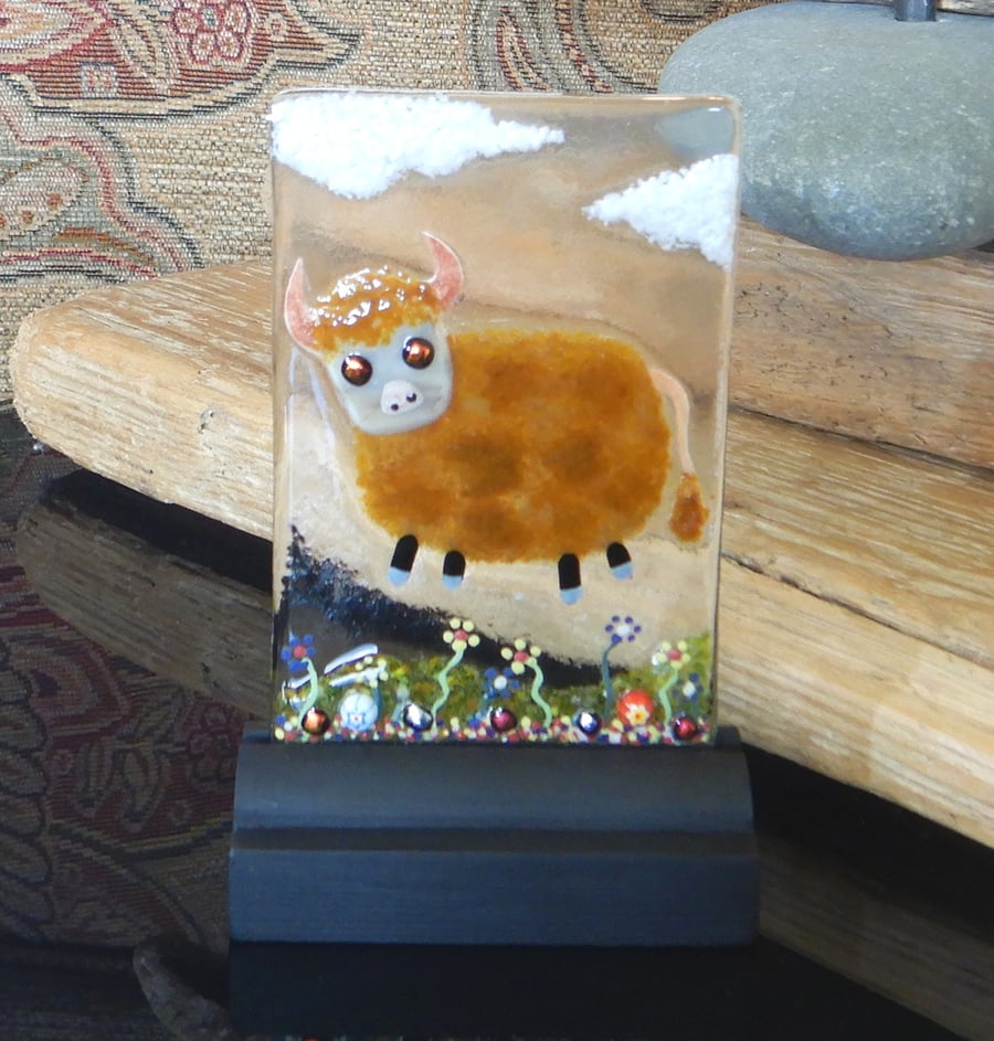 UNIQUE: Handmade Fused Glass 'HIGHLAND COW' Picture.