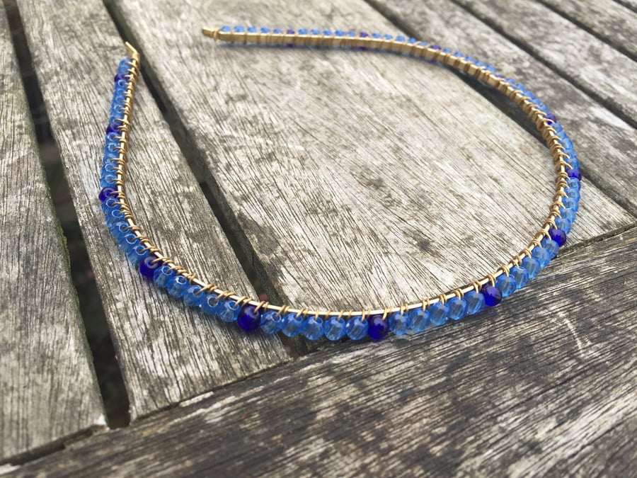 Light and Dark blue beads on gold hair band