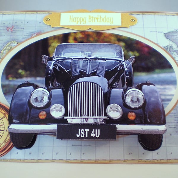 Handmade Decoupage,3D,Car Birthday Card, vintage,personalise