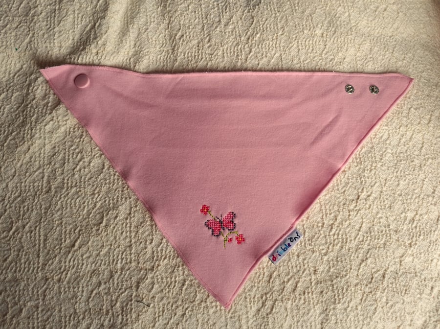 Pink butterfly, dribble bib, hand embroidered