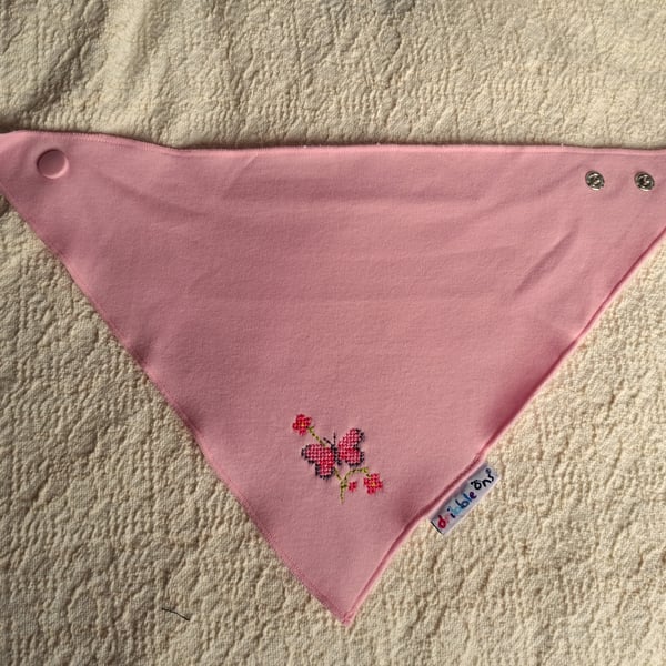 Pink butterfly, dribble bib, hand embroidered