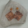 Rustic Textured Copper Foil Fold Form Earrings with Vintage Amber Beads