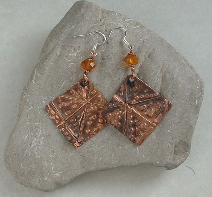 Rustic Textured Copper Foil Fold Form Earrings with Vintage Amber Beads
