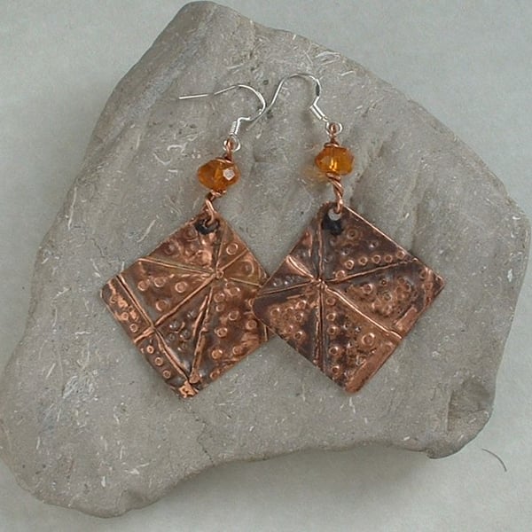 Rustic Textured Copper Foil Fold Form Earrings with Vintage Amber Beads