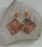 Rustic Textured Copper Foil Fold Form Earrings with Vintage Amber Beads