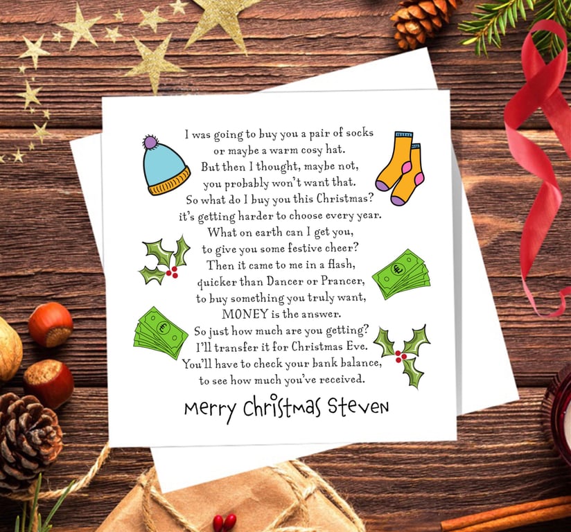 Bank Transfer Christmas Card - personalised, to tell them you have sent money.