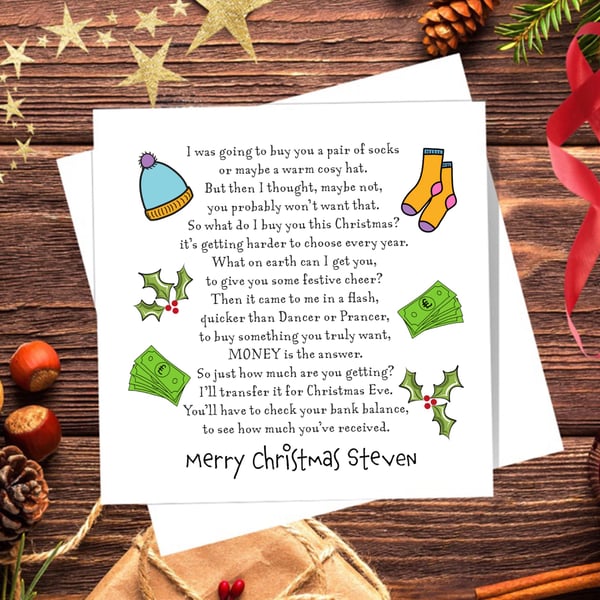 Bank Transfer Christmas Card - personalised, to tell them you have sent money.