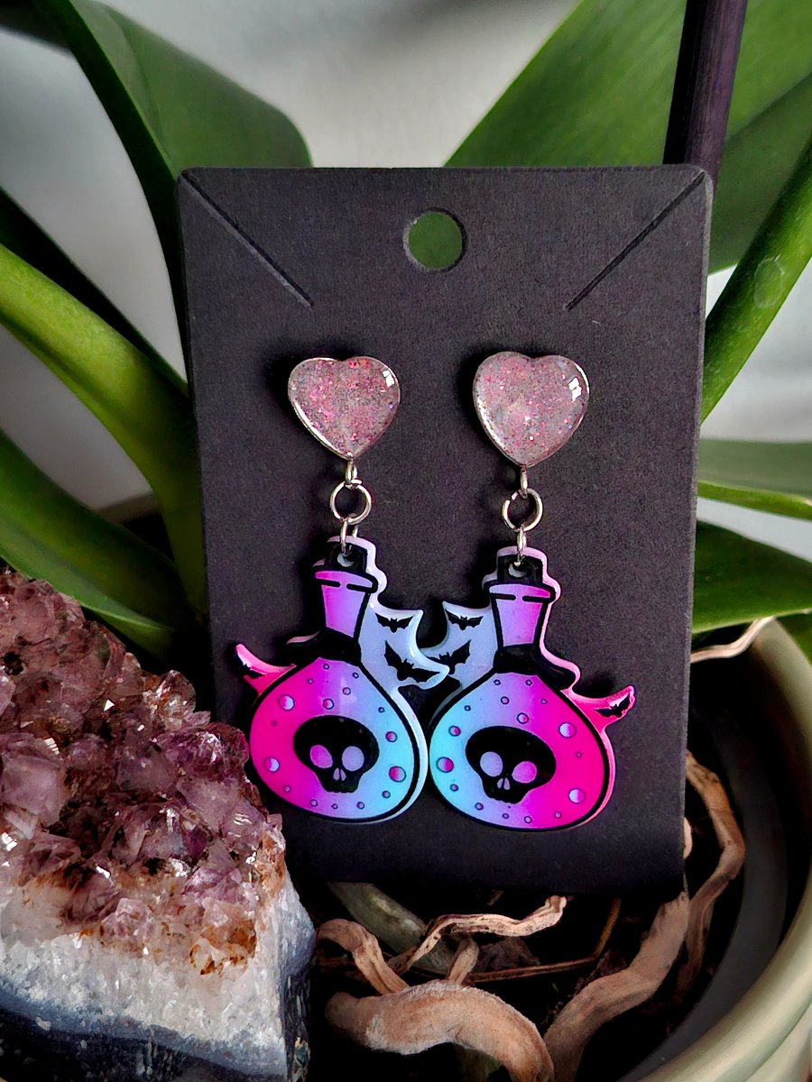 Gothic stud dangle witch potion earrings heart Valloween