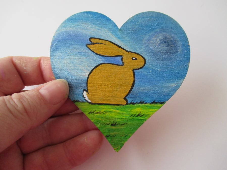 Bunny Rabbit Wooden Love Heart Fridge Magnet Hand Painted Brown Rabbit