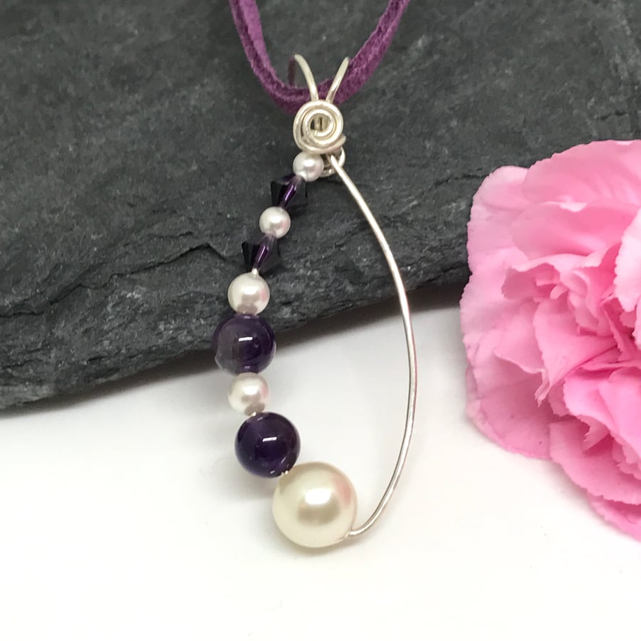 Sterling Silver, Pearl, Amethyst and Crystal Pendant, Gift For Her