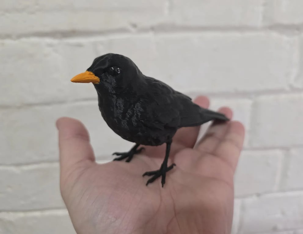 Blackbird Figurine Black PLA Bird Statue Orange Beak Resin Eyes Ornament