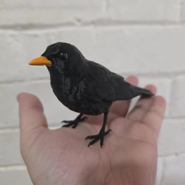 Blackbird Figurine Black PLA Bird Statue Orange Beak Resin Eyes Ornament