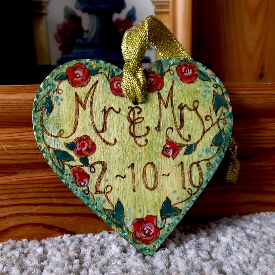 Custom Mr and Mrs Wedding Day Anniversary Personalised Wooden Pyrography Heart