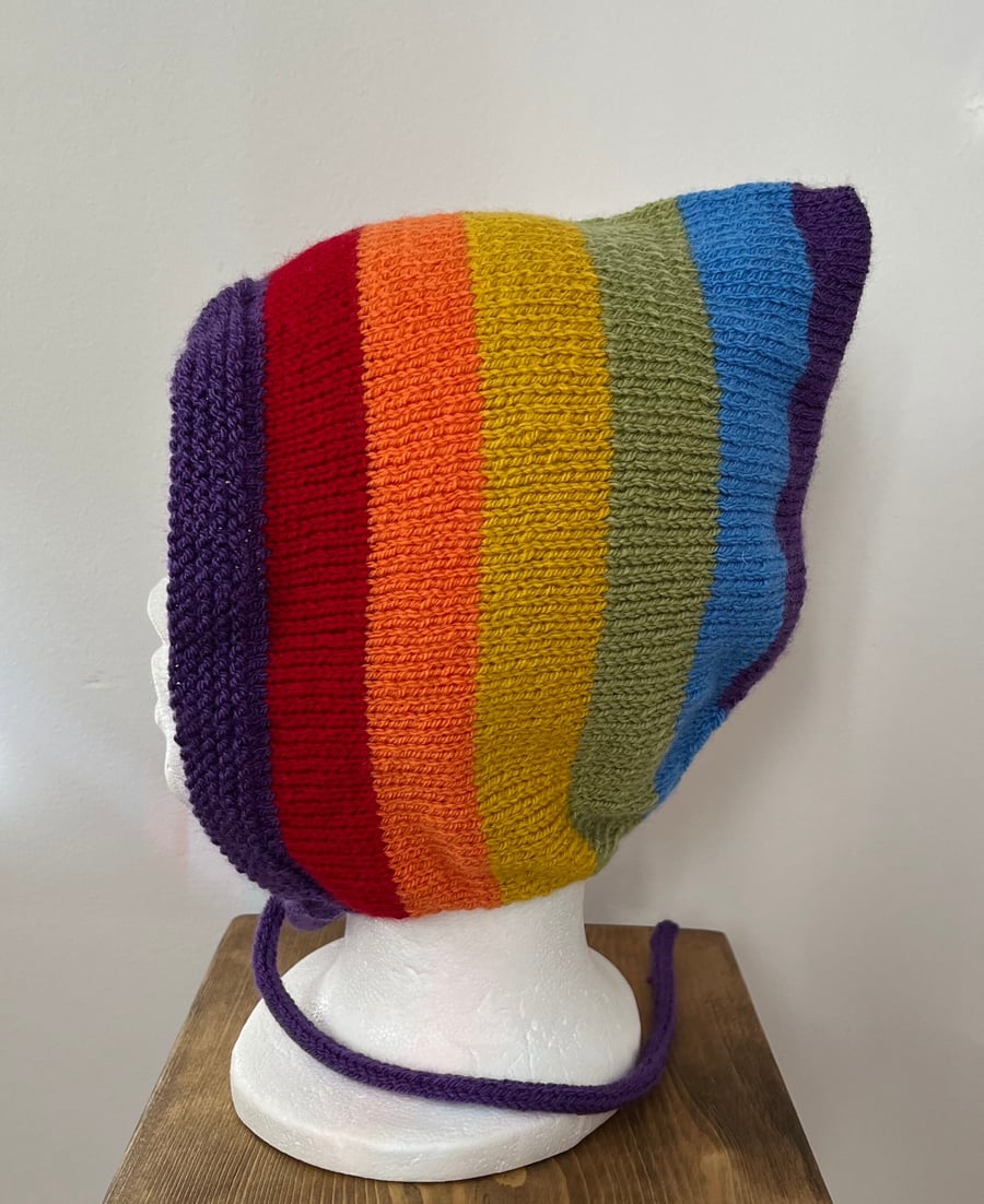 Rainbow striped pixie bonnet hat, adult, hand knitted