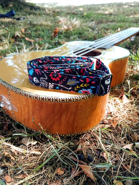 Handmade Black Flowers and skeletons ukulele neck strap 