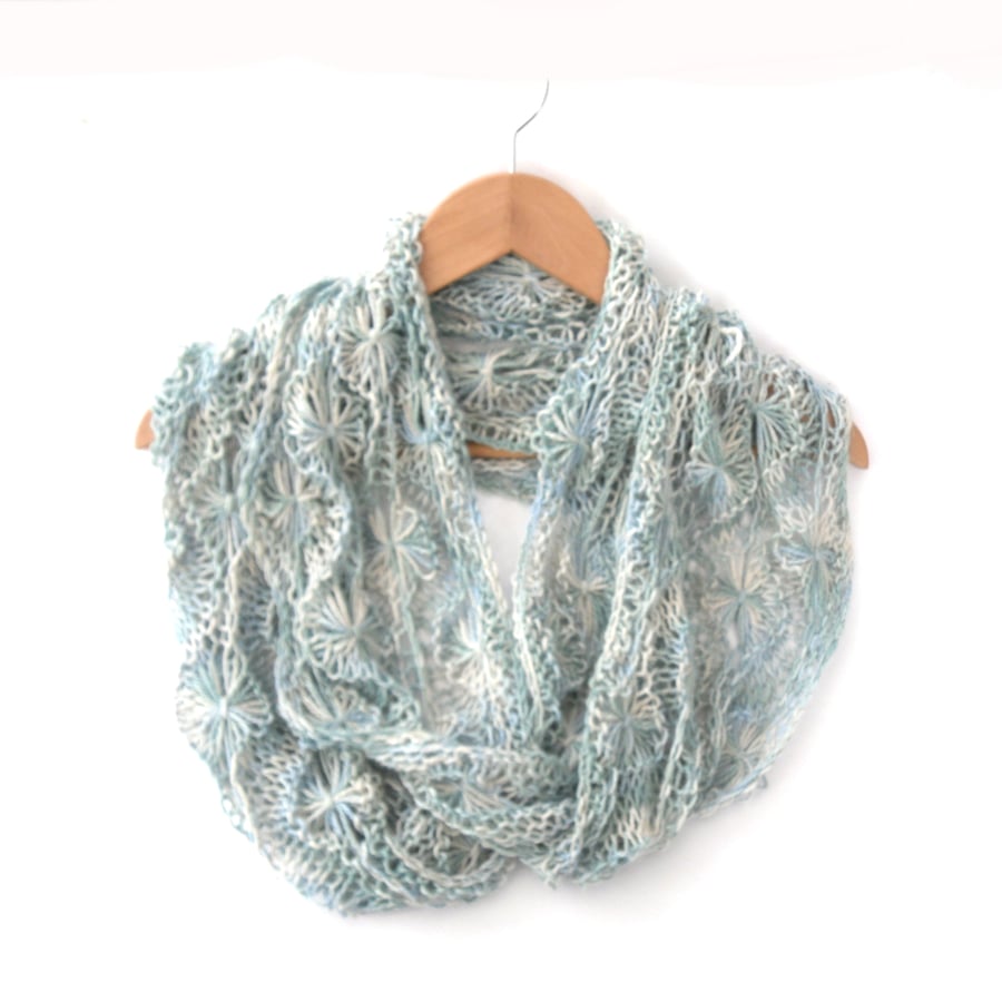 Infinity Scarf , hand knit , hand dyed in Waterworld