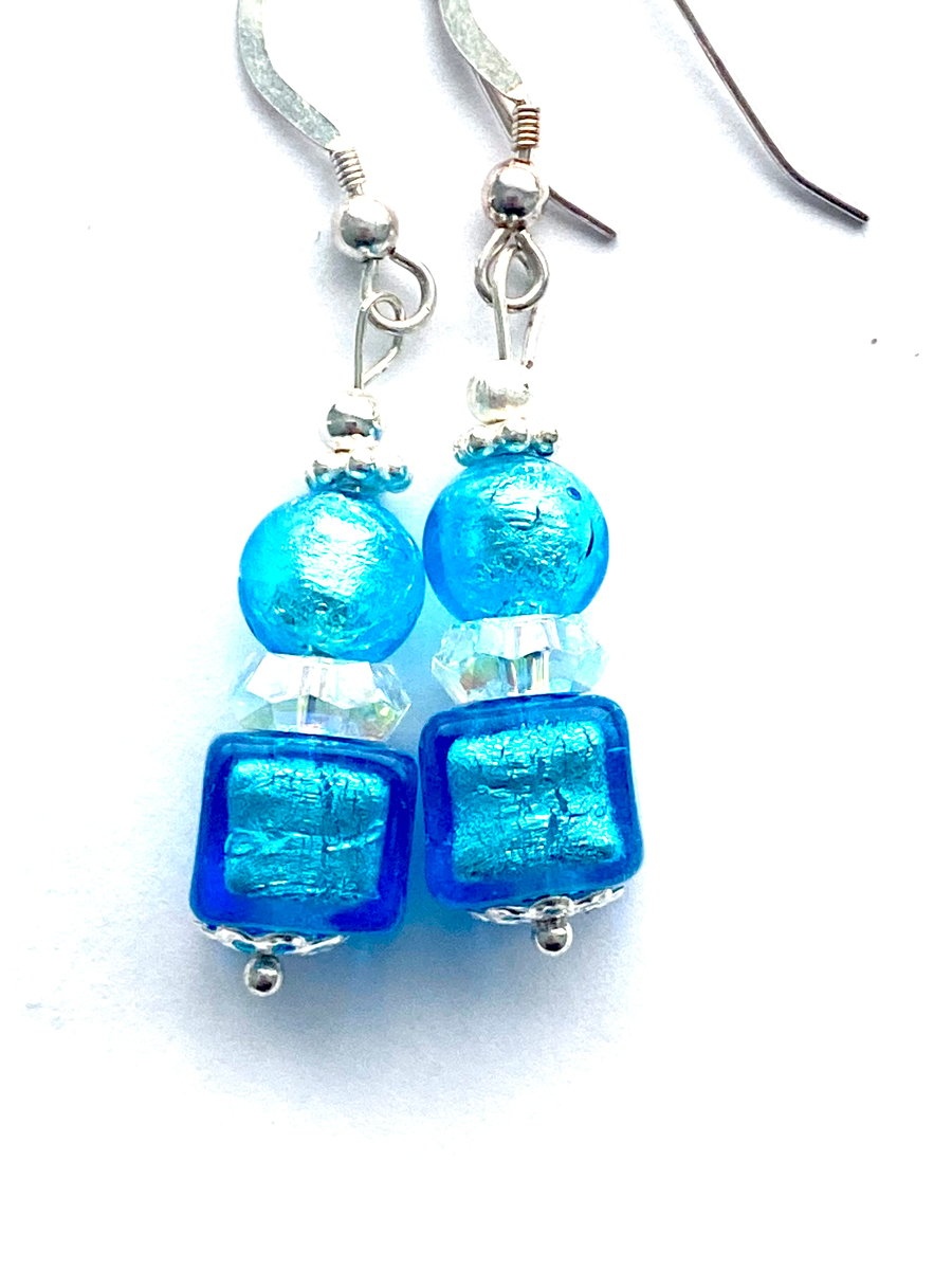  Murano glass turquoise cube earrings with Swarovski and sterling silver.