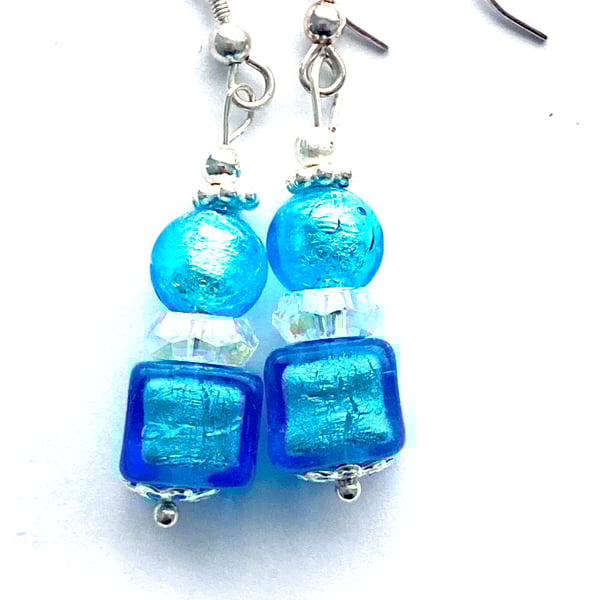  Murano glass turquoise cube earrings with Swarovski and sterling silver.