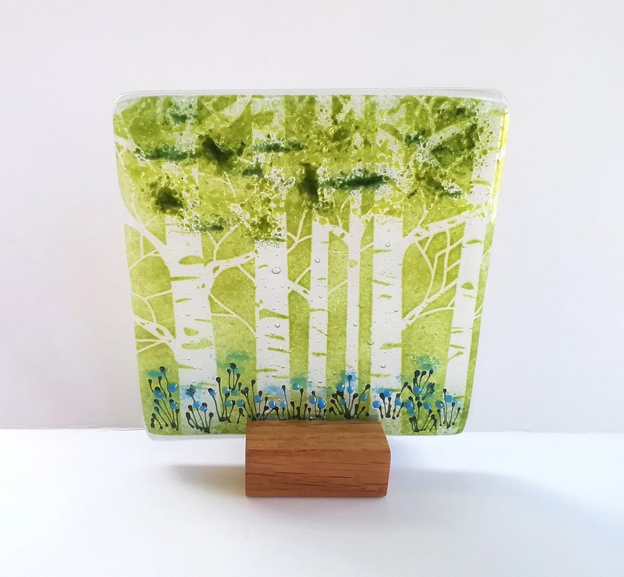 Fused Glass Bluebell Woods Ornament, Birch Tree Scene