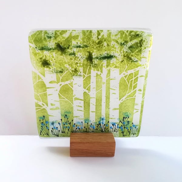 Fused Glass Bluebell Woods Ornament, Birch Tree Scene