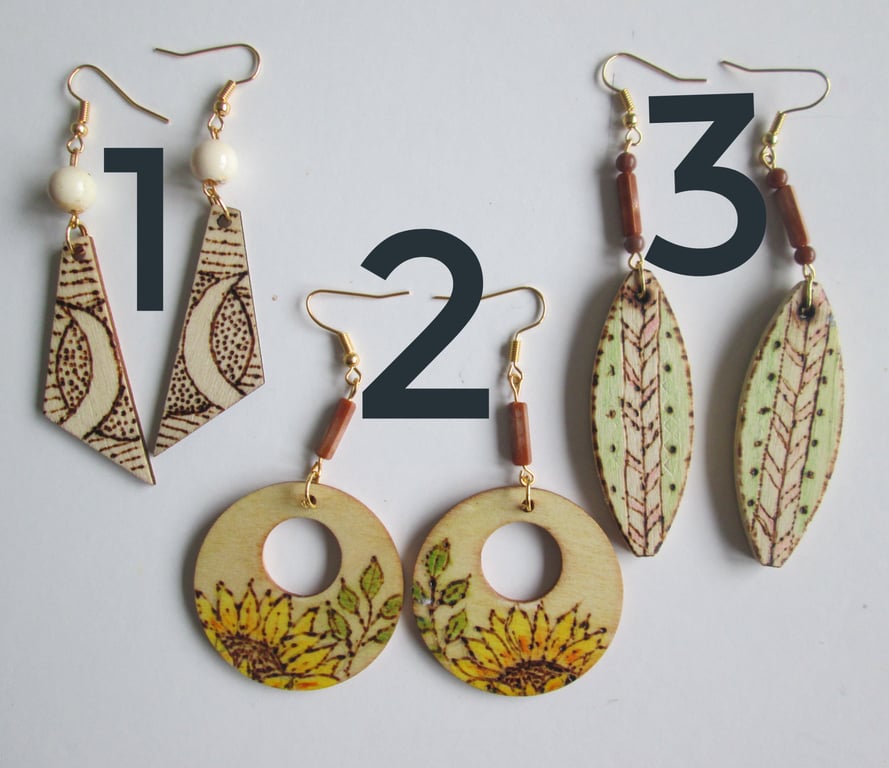 Handmade original pyrography wooden earrings