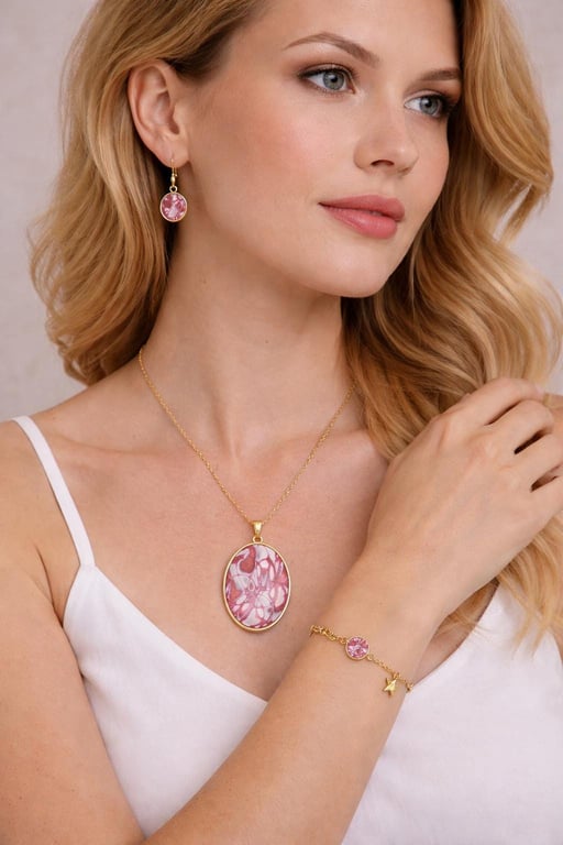 Pink white mokume gane Jewelry Set Handmade Polymer Clay Necklace, Earrings, Bra