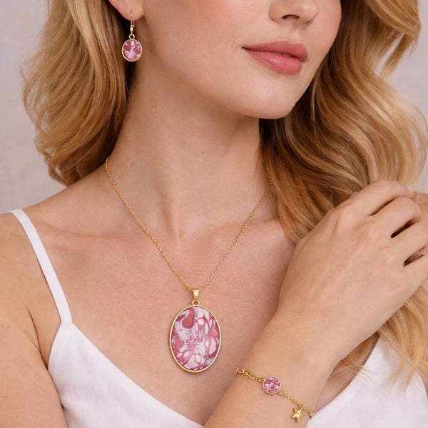 Pink white mokume gane Jewelry Set Handmade Polymer Clay Necklace, Earrings, Bra