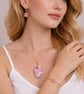 Pink white mokume gane Jewelry Set Handmade Polymer Clay Necklace, Earrings, Bra