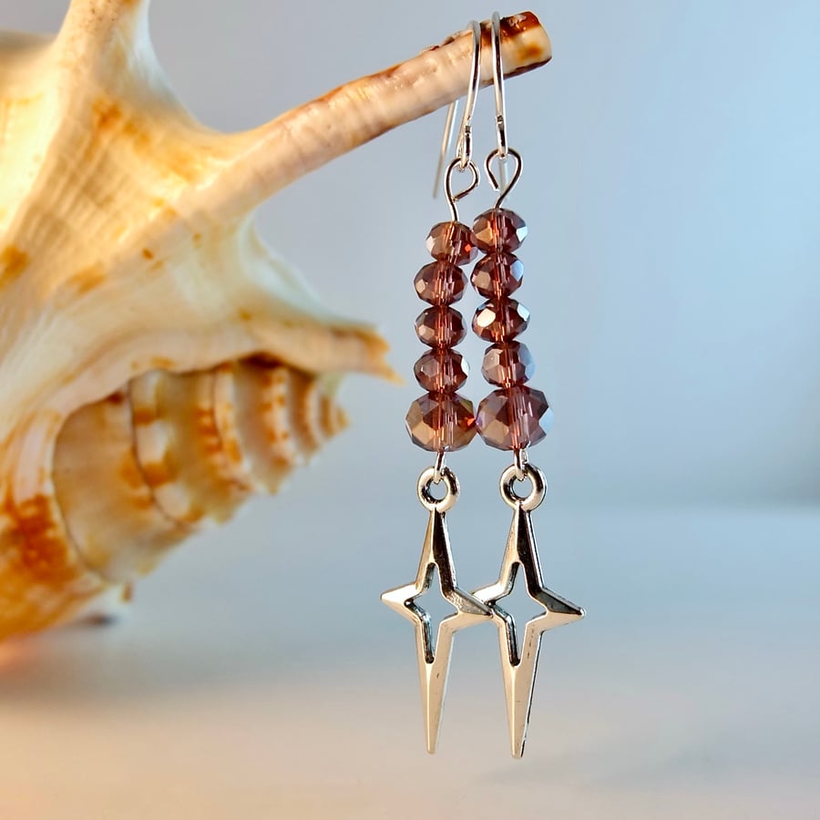 Star Earrings With Purple Crystals - Handmade In Devon - Free UK P&P