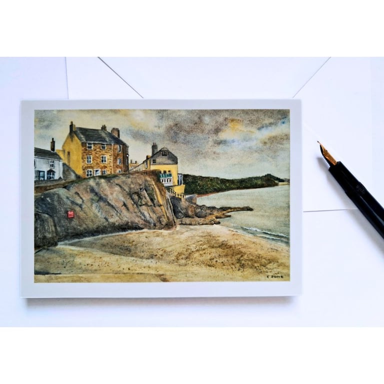 Blank greetings card of Cawsand Beach  Cornwall from original painting  size A6