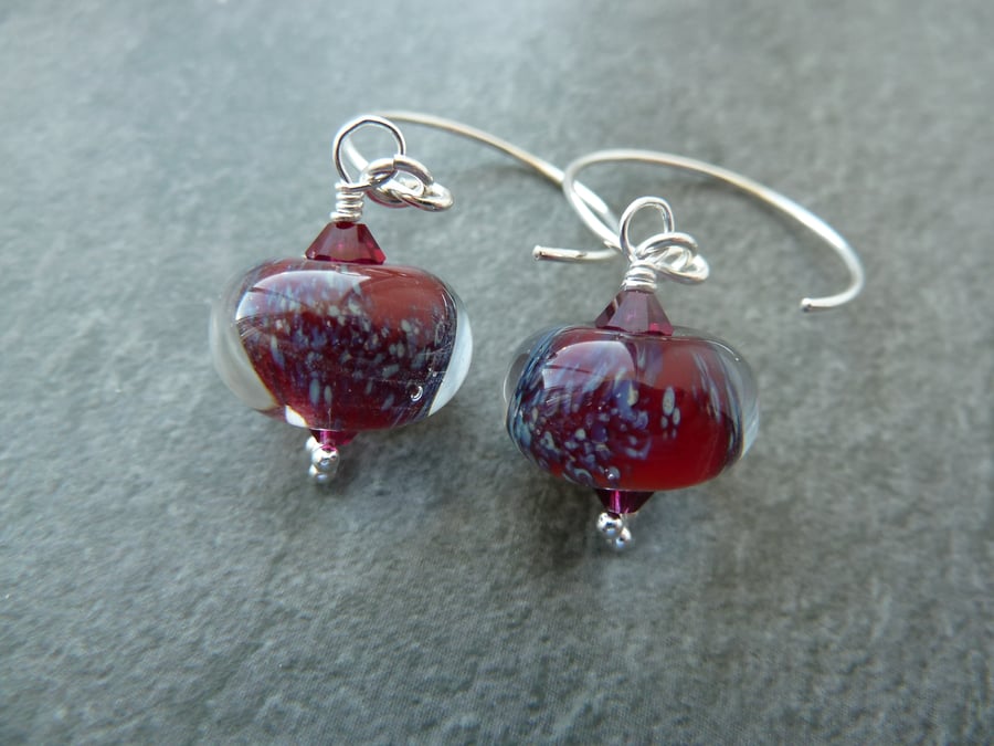 sterling silver, red lampwork glass earrings