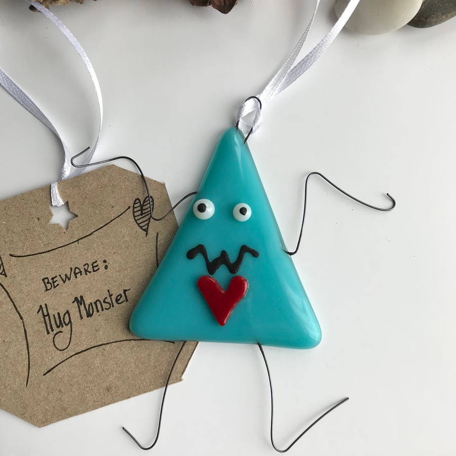 Hug monster fused glass hanging decoration, blue