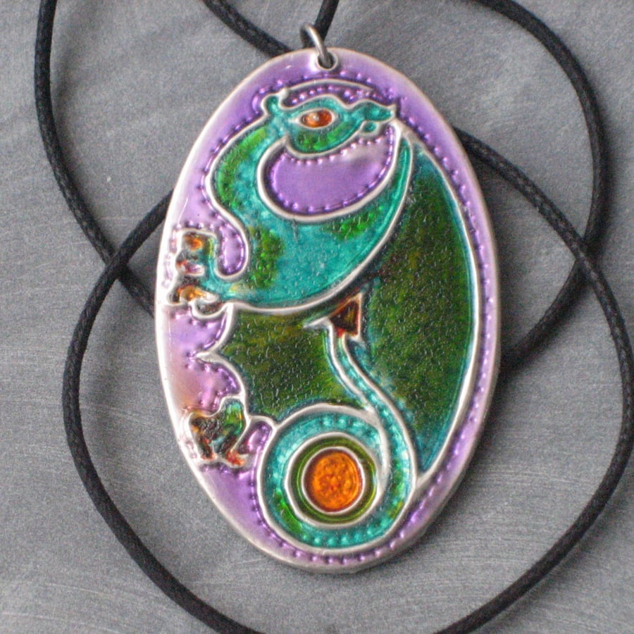 Reduced! Dragon Pendant in Silver Pewter and Enamel