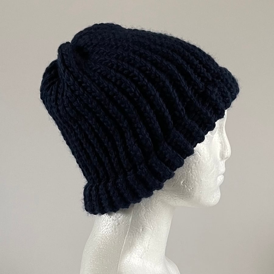 Chunky Navy Blue Beanie with Fixed Brim, perfectly imperfect