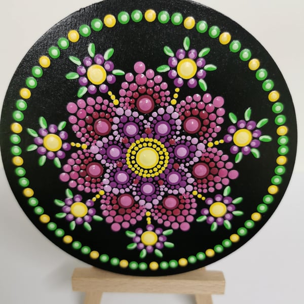 Hand painted pink and purple flower mandala coaster