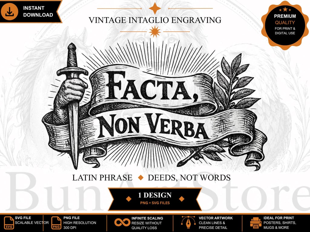 Vintage Intaglio Latin Quote Art, Facta Non Verba Engraving (Digital Download)