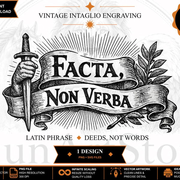 Vintage Intaglio Latin Quote Art, Facta Non Verba Engraving (Digital Download)