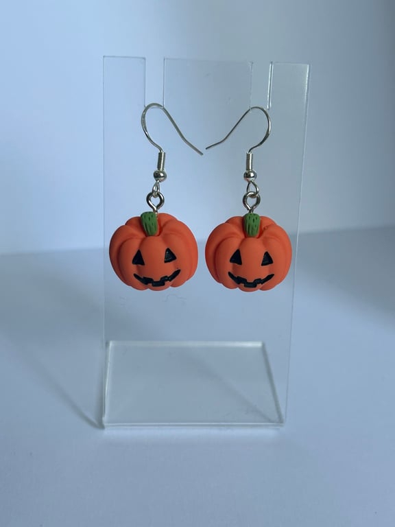 Orange clay pumpkin drop down earrings